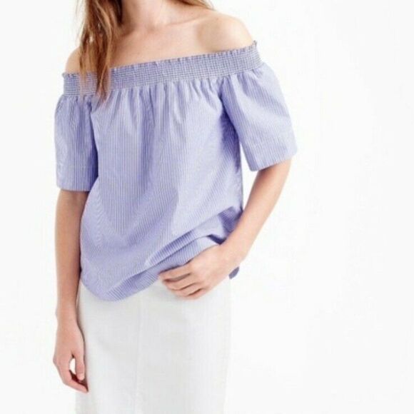 J.Crew Womens Off-The-Shoulder Top Shirt size 4 Blue White Pinstriped Shirring - Picture 1 of 11